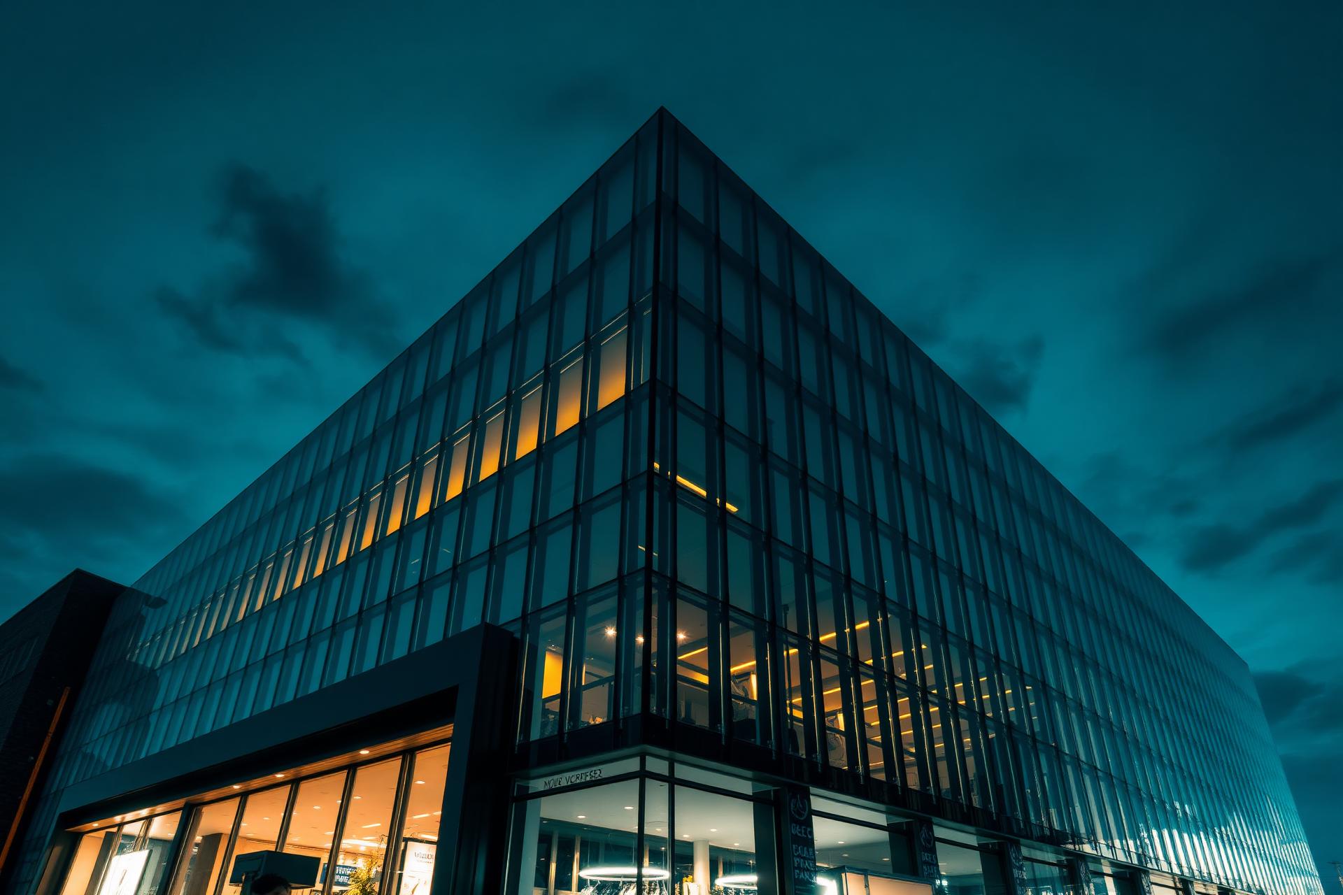 Modern glass-facade commercial building at dusk